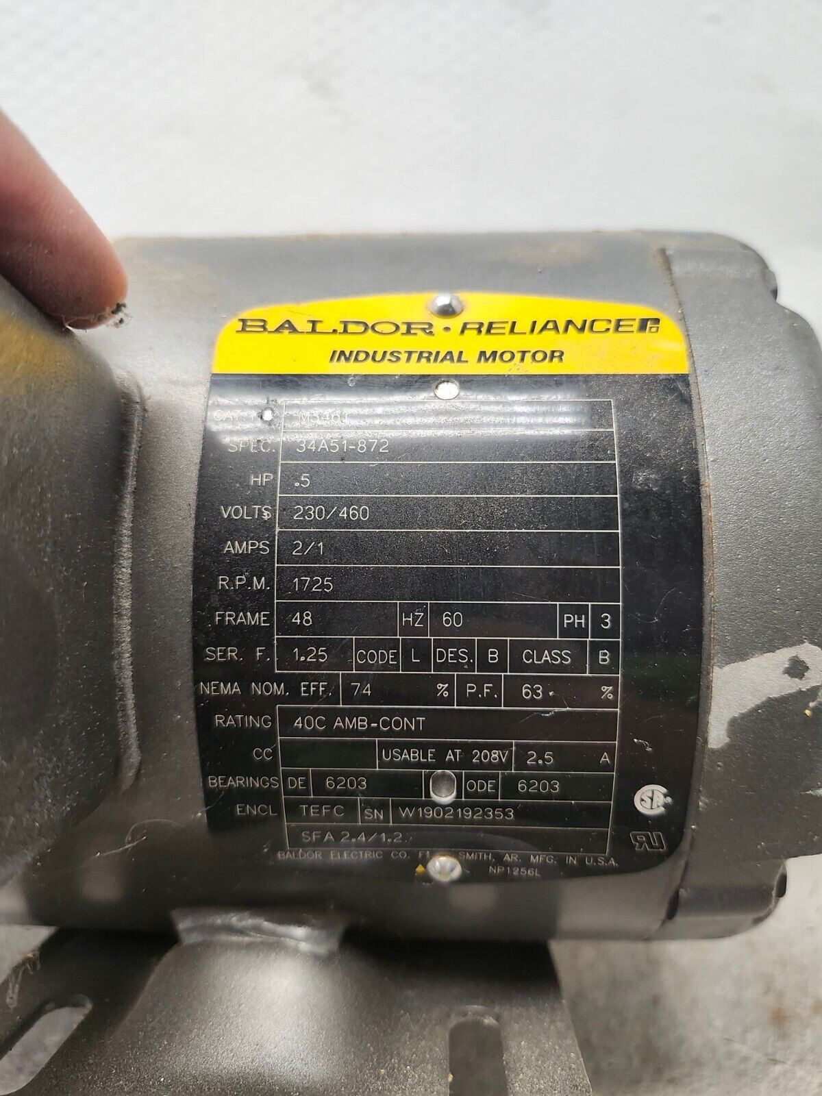 USED Baldor 1/2 HP AC Motor 48 Frame 1725 RPM 230/460V M3461