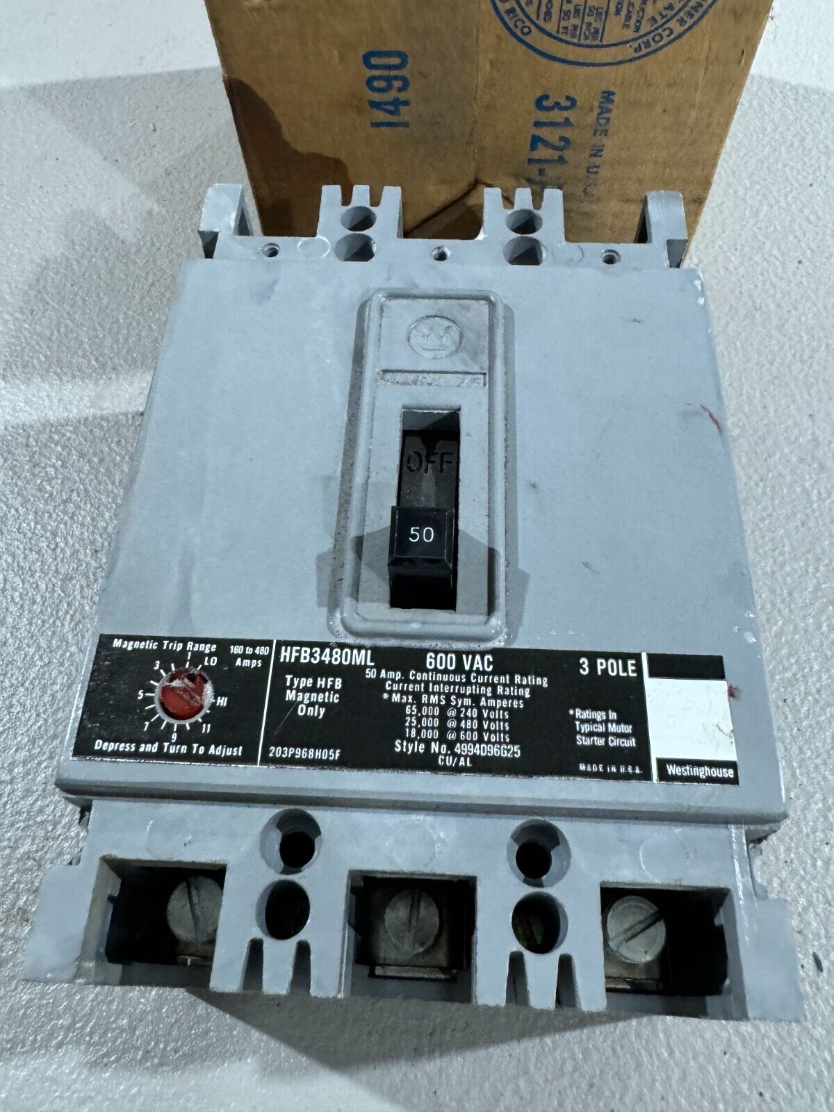 NEW IN BOX WESTINGHOUSE 3 POLE 50AMP HFB CIRCUIT BREAKER HFB3480ML