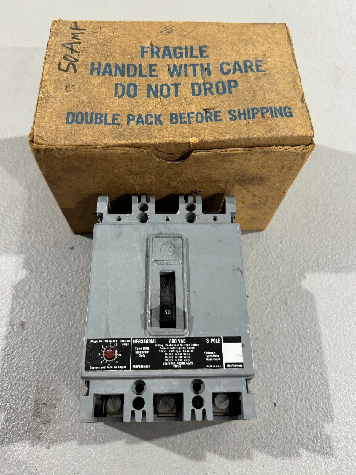 NEW IN BOX WESTINGHOUSE 3 POLE 50AMP HFB CIRCUIT BREAKER HFB3480ML