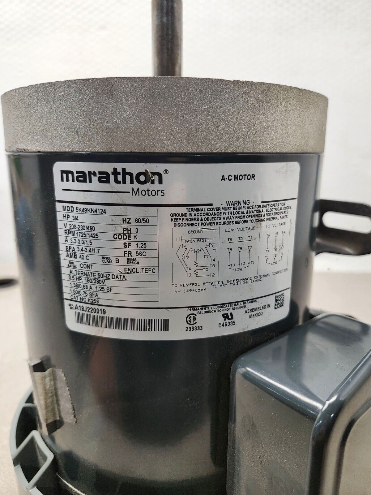 NEW NO BOX MARATHON MOTOR 5K49KN4124 HP3/4 HZ60/50