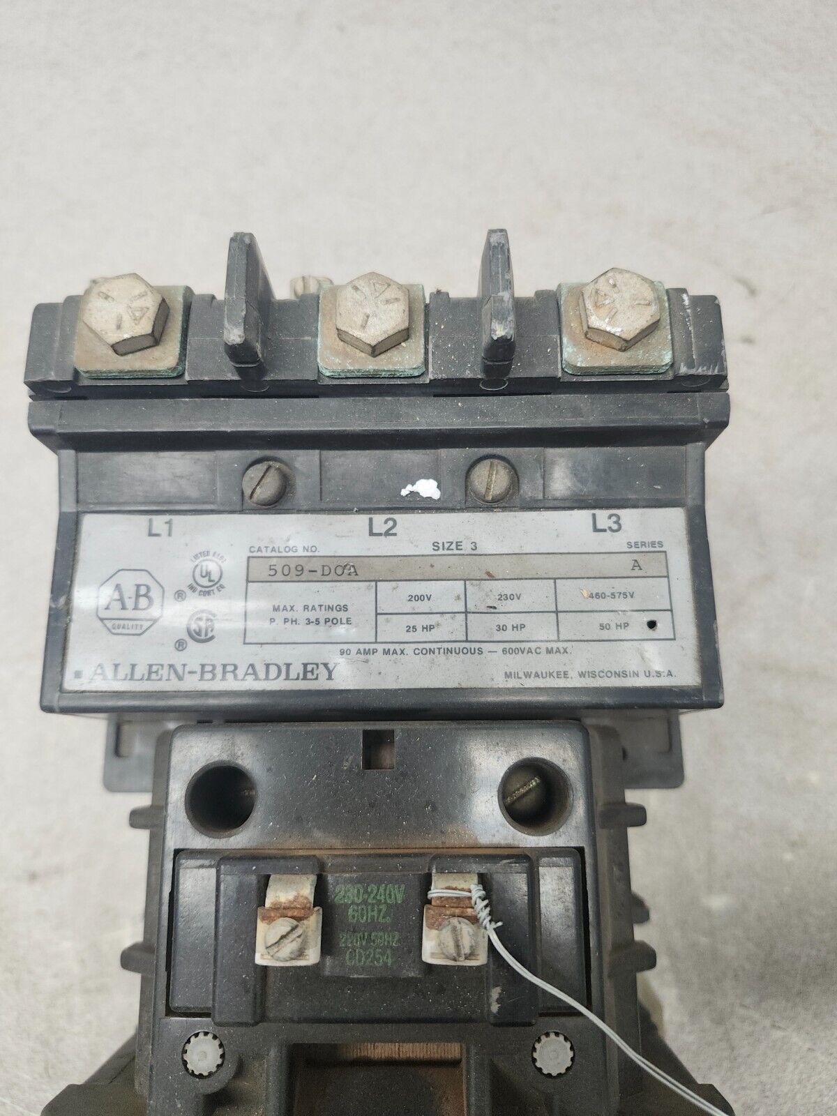 USED ALLEN BRADLY SIZE 3 STARTER 600V 50HP 120V 509-D0A SER A