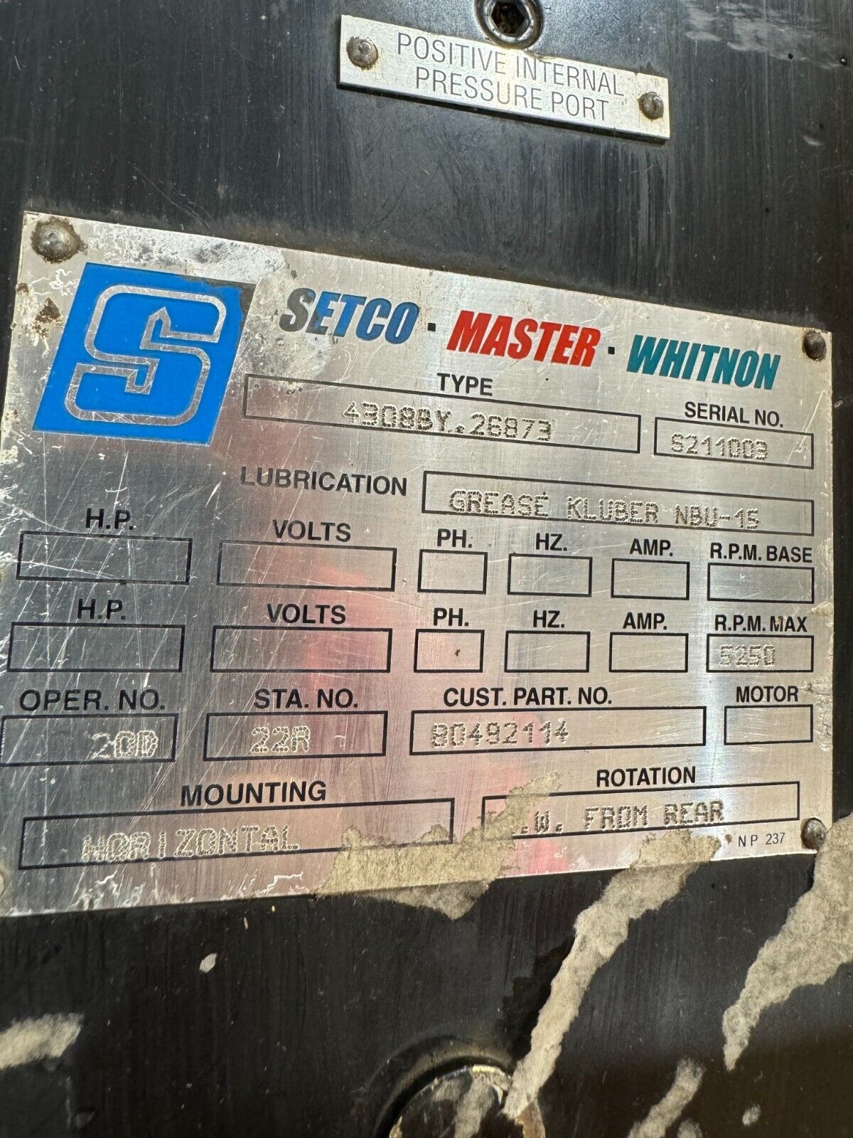 USED SETCO MASTER WHITON HORIZONTAL SPINDLE MOTOR 4308BY.26873