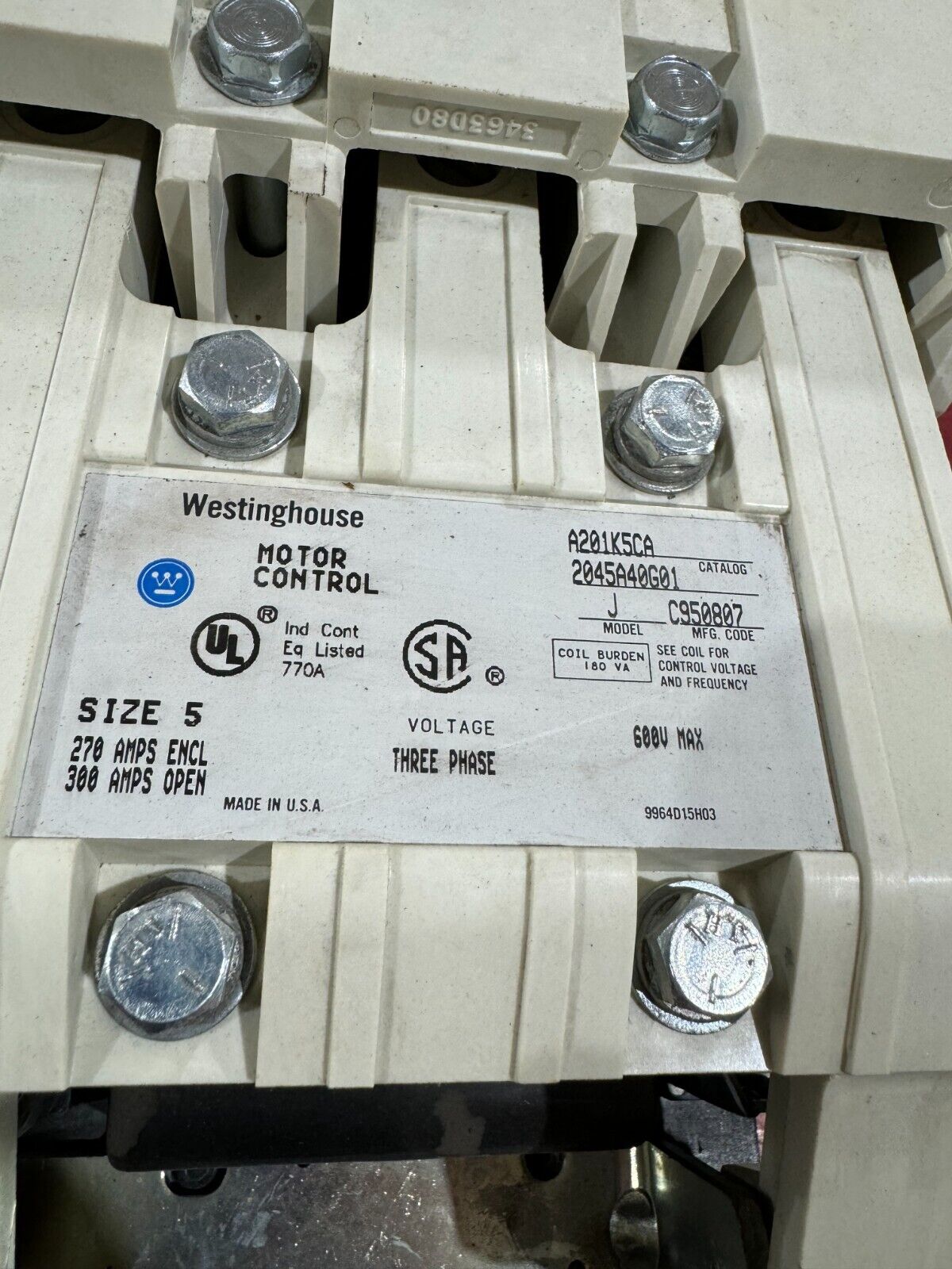 NEW IN BOX WESTINGHOUSE SIZE 5 MODEL J CONTACTOR 110/120V. COIL A201K5CAC