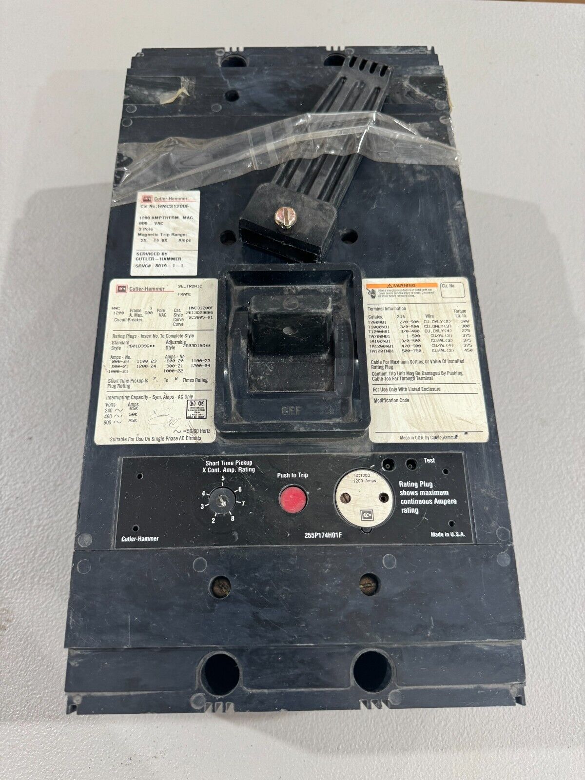 USED CUTLER-HAMMER 3 POLE 1200AMP CIRCUIT BREAKER HNC31200F