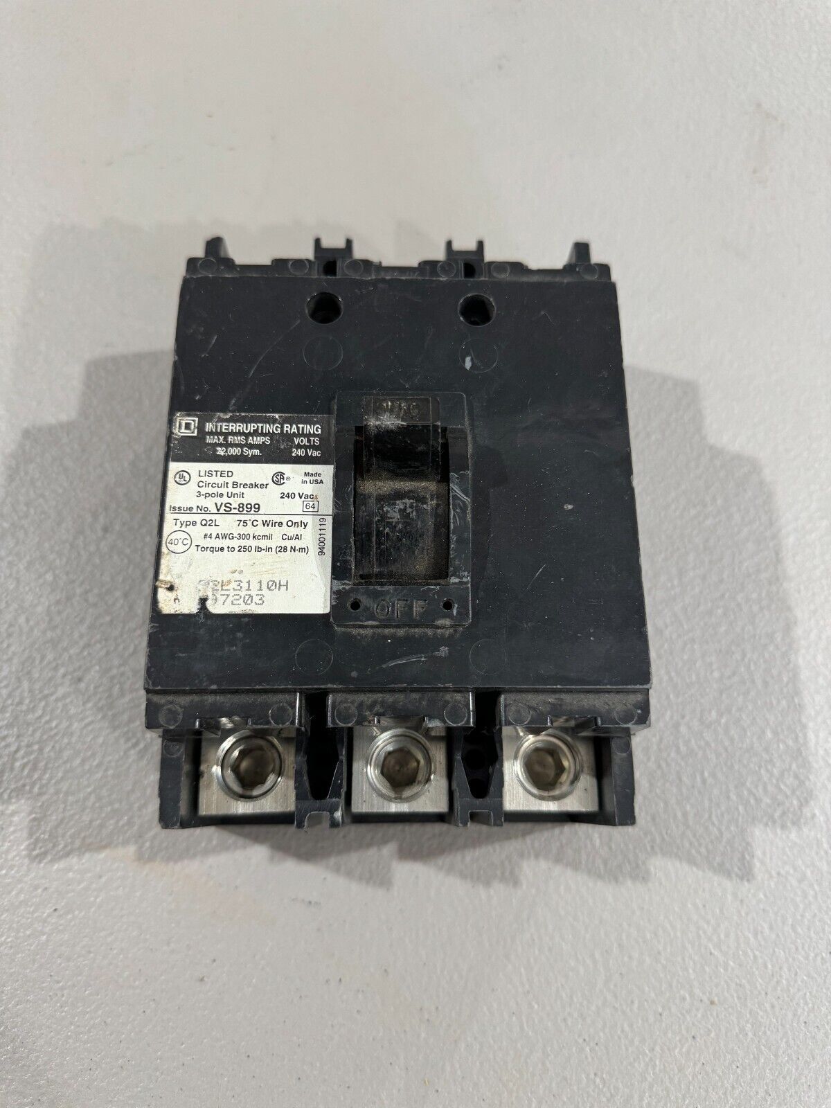 USED SQUARE D 3 POLE 110AMP CIRCUIT BREAKER Q2L3110H