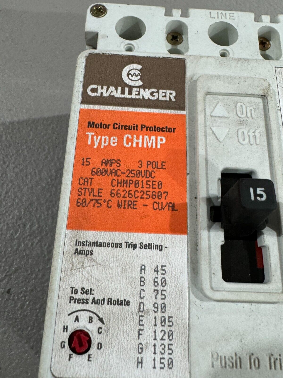 USED CHALLENGER 3 POLE 15AMP CIRCUIT BREAKER CHMP015E0