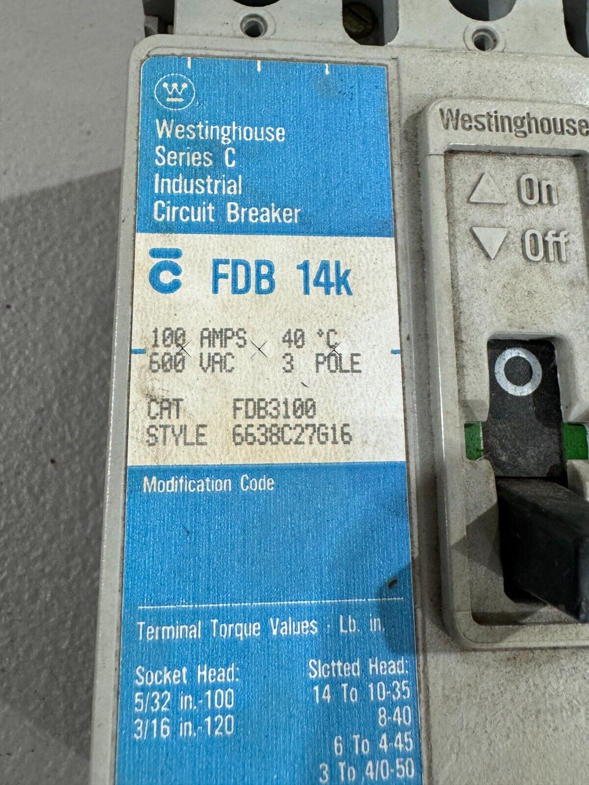 USED WESTINGHOUSE 3 POLE 100AMP CIRCUIT BREAKER FDB3100