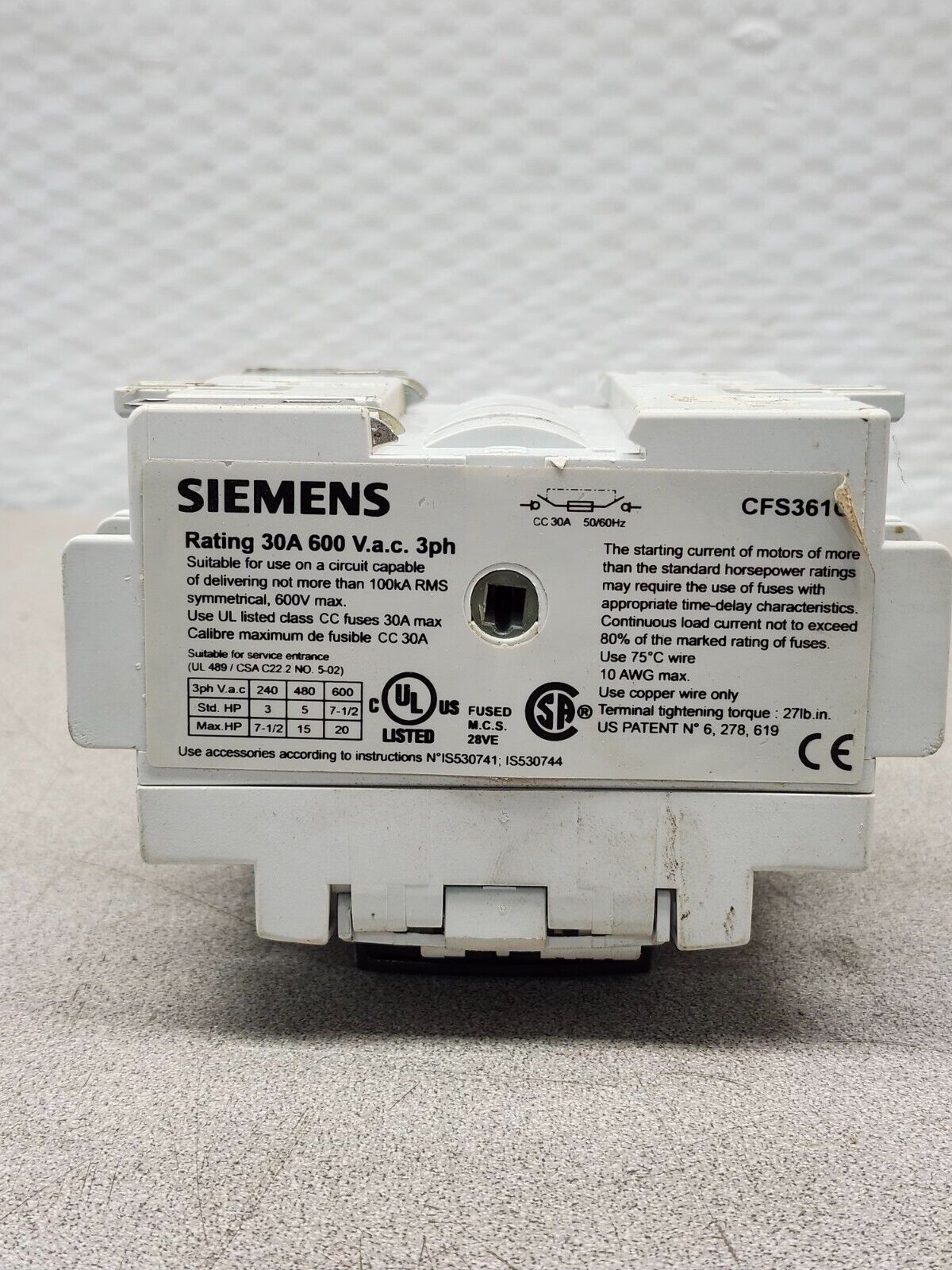 USED SIEMENS 30AMP FUSE SWITCH CFS361C5