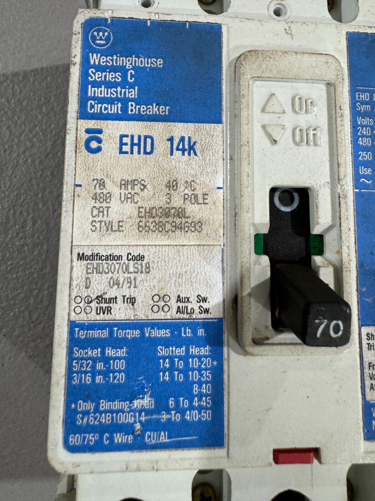 USED WESTINGHOUSE 3 POLE 70AMP CIRCUIT BREAKER EHD3070L