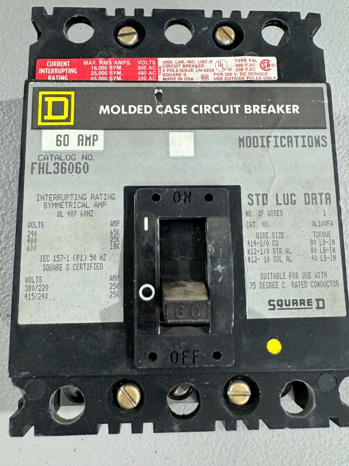 USED SQUARE D 3 POLE 60AMP CIRCUIT BREAKER FHL36060