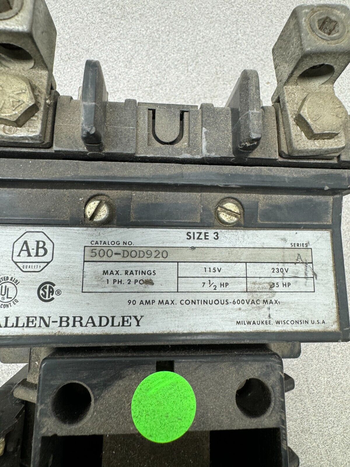 USED ALLEN-BRADLEY SIZE 3 CONTACTOR 500-DOD920 SERIES A **NO COIL**