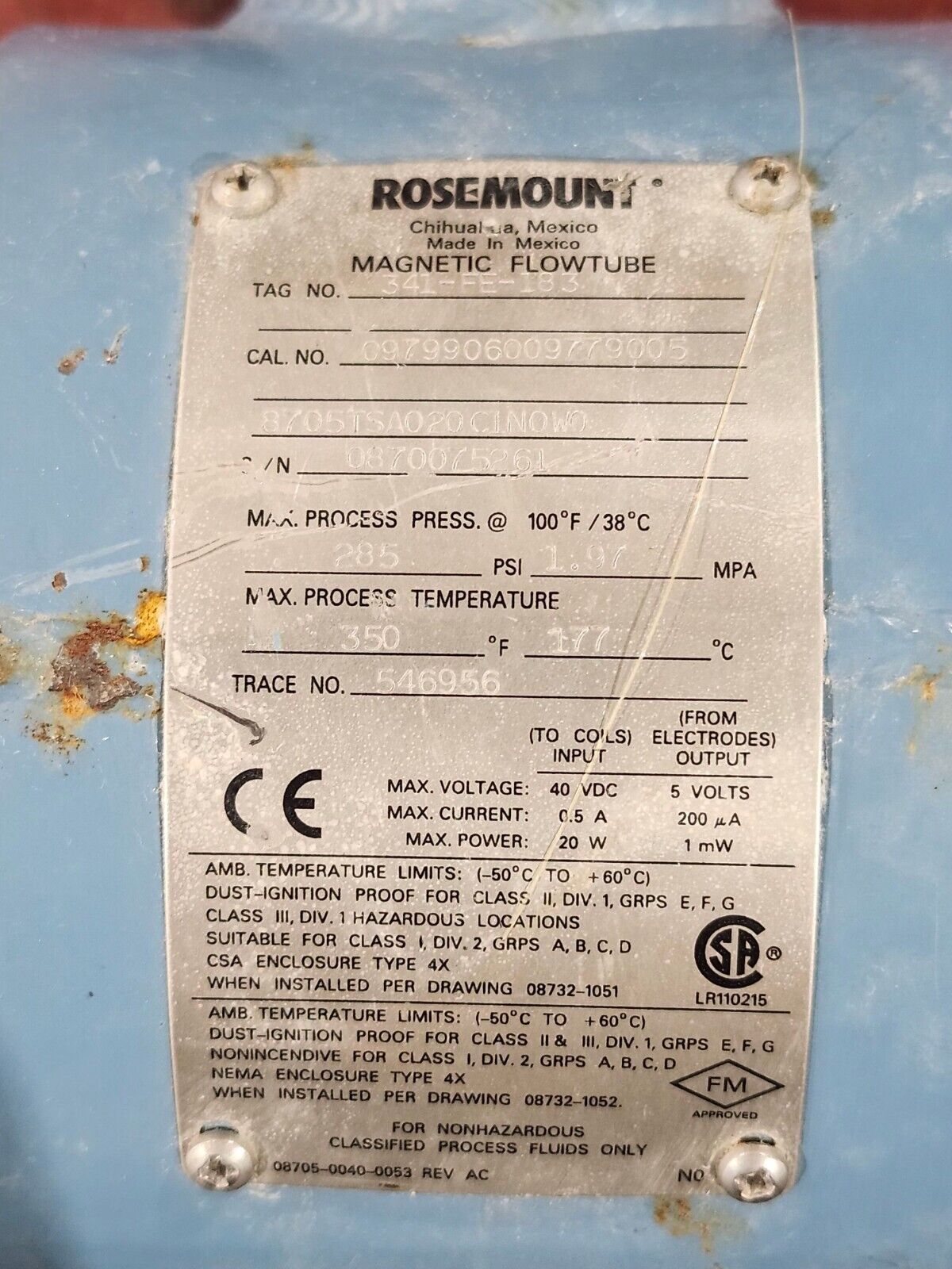 USED ROSEMOUNT MAGNETIC FLOWTUBE 341-FE-183 0979906009779005