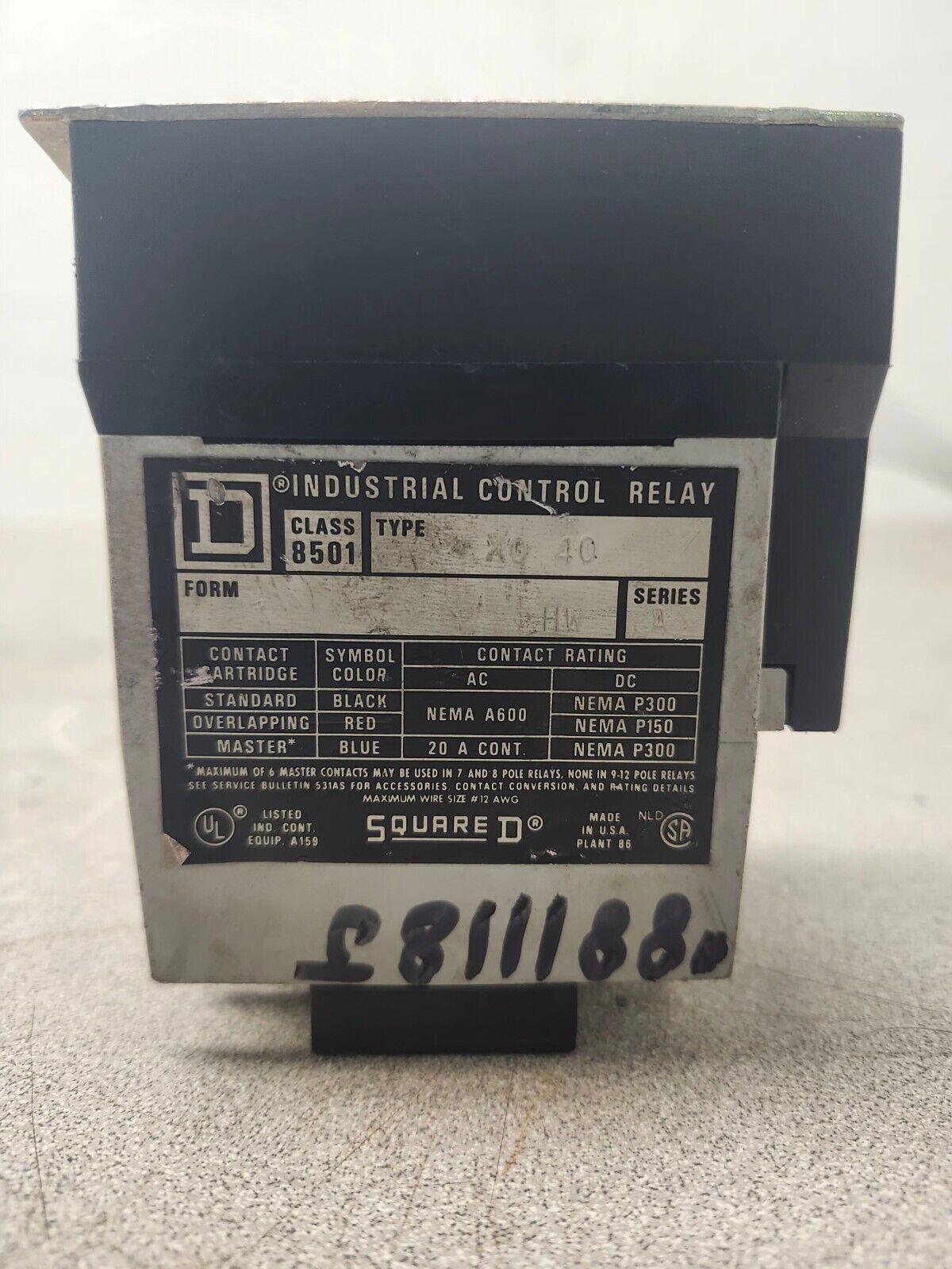 USED SQUARE D INDUSTRIAL CONTROL RELAY 8501 X0 40 HW SER.A