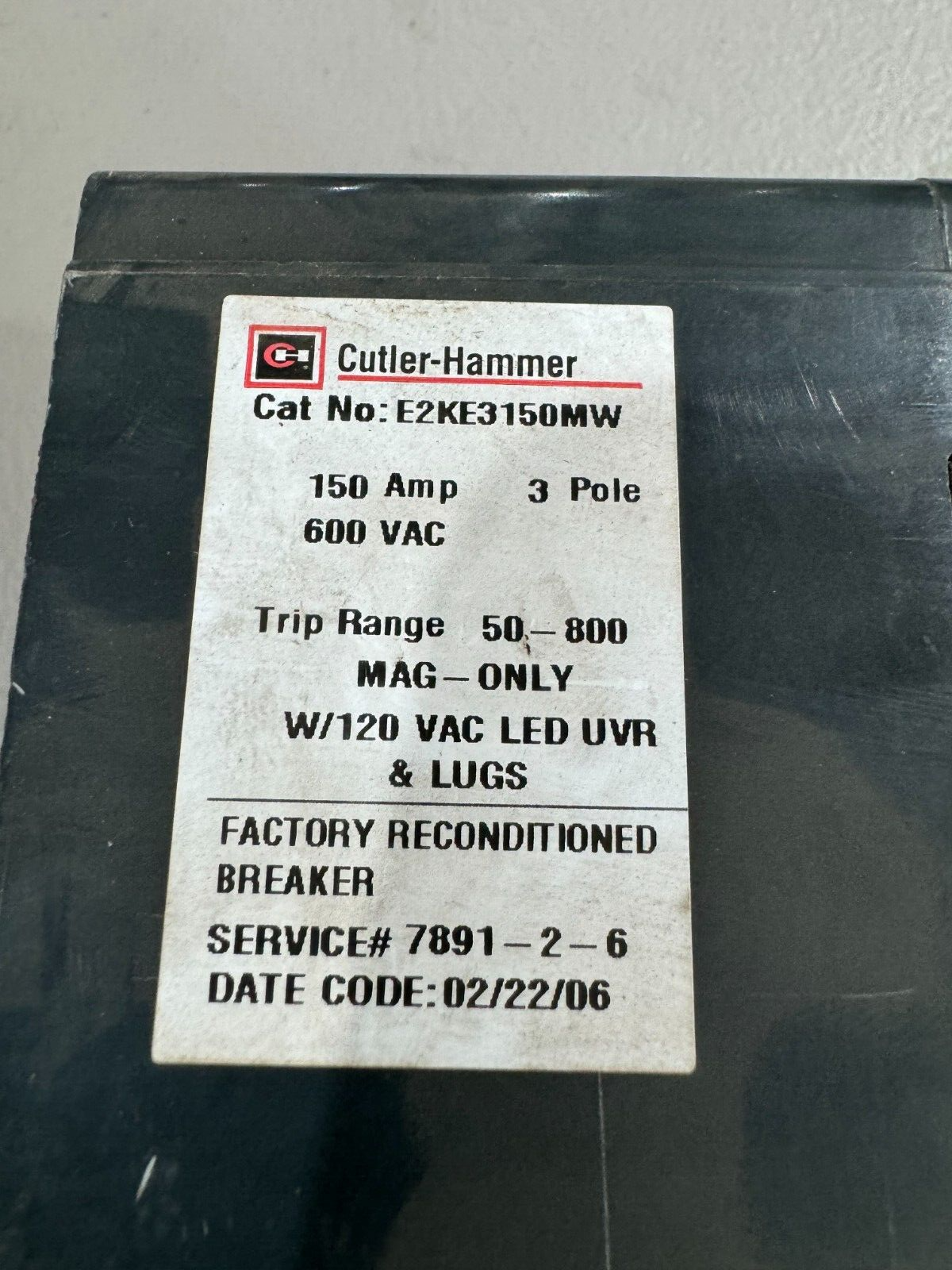 RECONDITIONED CUTLER-HAMMER 3 POLE 150AMP MINING CIRCUIT BREAKER E2KE3150MWU66