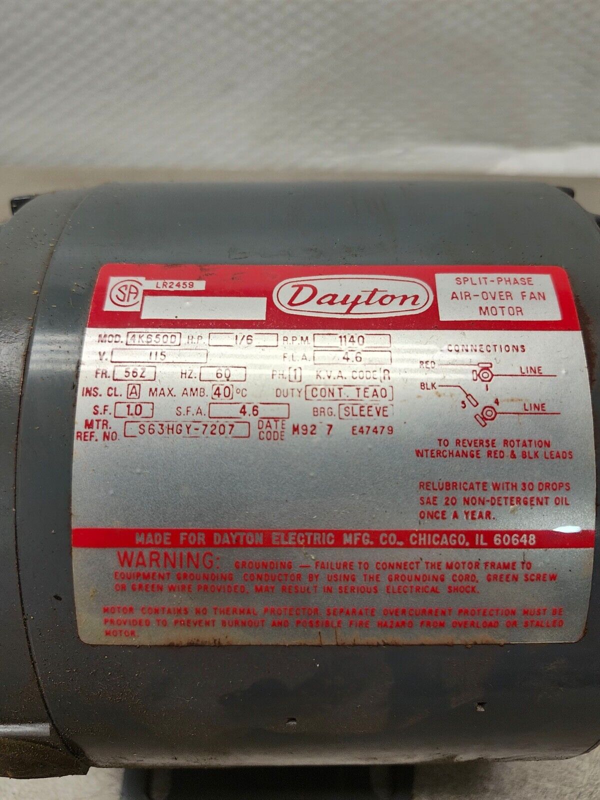 NEW DAYTON 1/6HP 115V. FAN MOTOR 1140RPM 4K650D