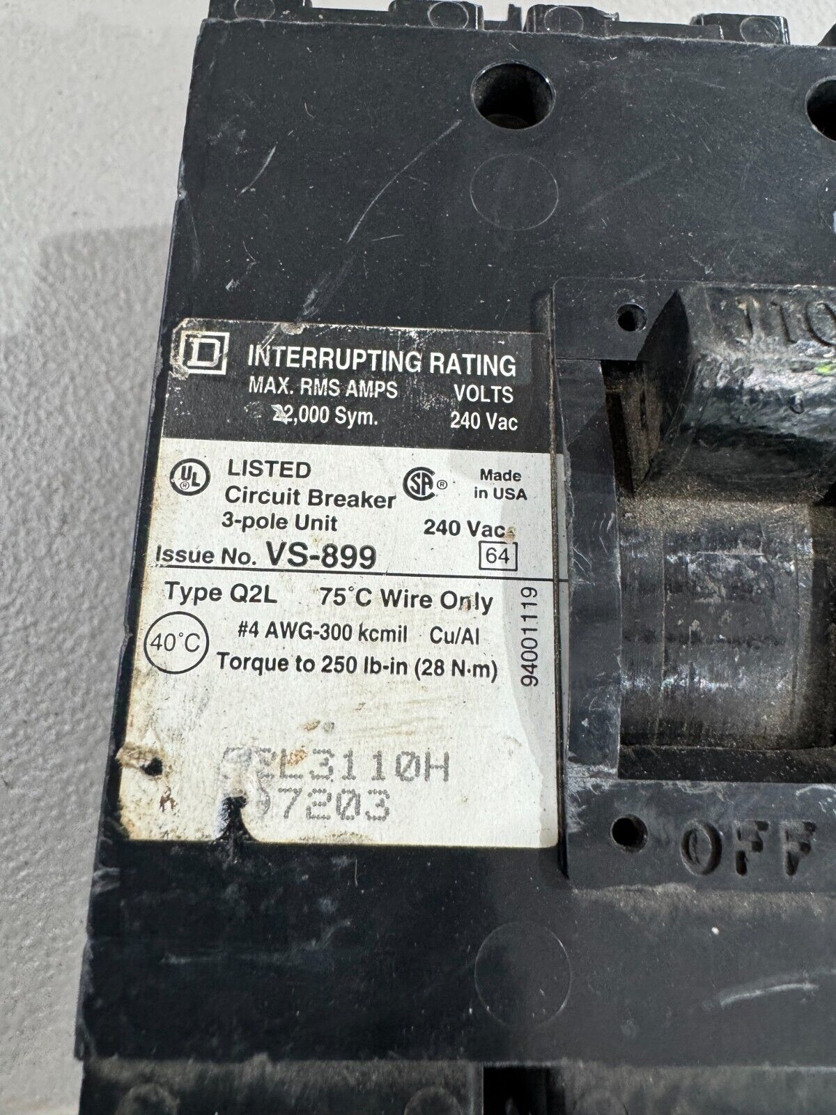 USED SQUARE D 3 POLE 110AMP CIRCUIT BREAKER Q2L3110H