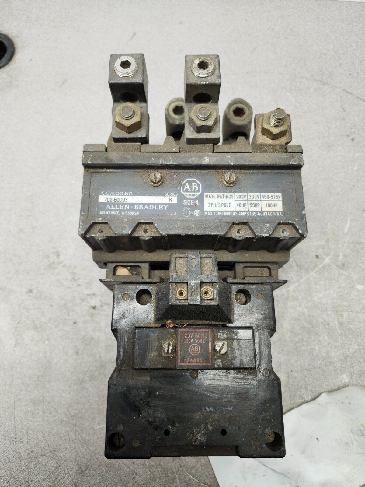 USED ALLEN BRADLY STARTER SER K, 3PH,200V,3P, SIZE 4, 702-E0D93