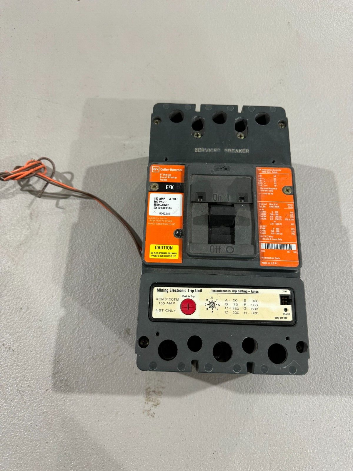 RECONDITIONED CUTLER-HAMMER 3 POLE 150AMP MINING CIRCUIT BREAKER E2KE3150MWU66