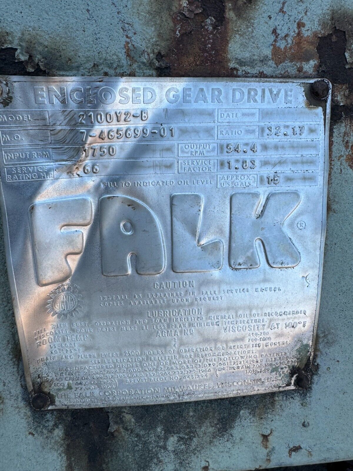 USED FALK ENCLOSED GEAR DRIVE SPEED REDUCER 32.17 RATIO 2100Y2-B