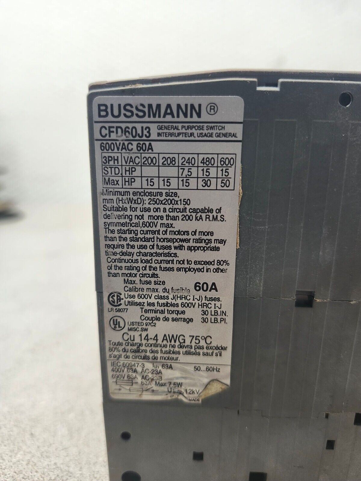 USED BUSSMANN 600VAC 60A 3 Pole Rotary Disconnect Switch CFD60J3