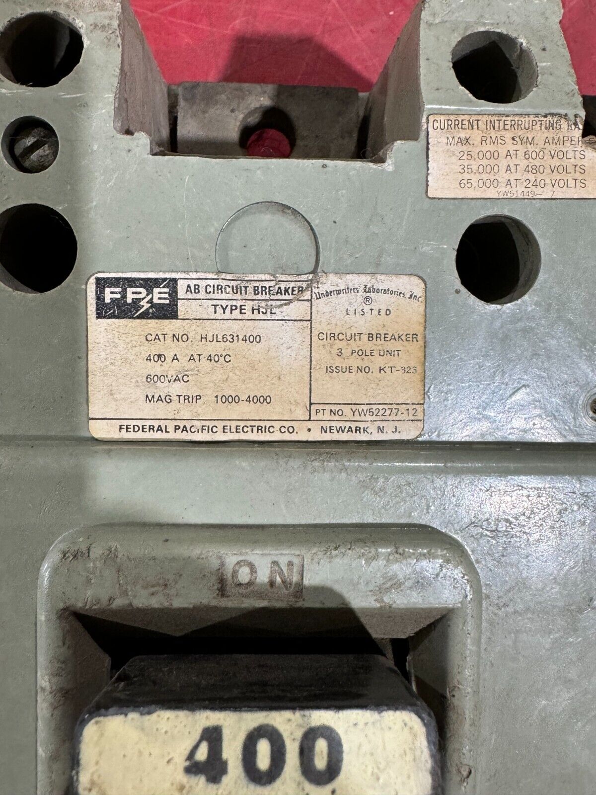 USED FEDERAL PACIFIC ELECTRIC 3 POLE 400AMP HJL631400