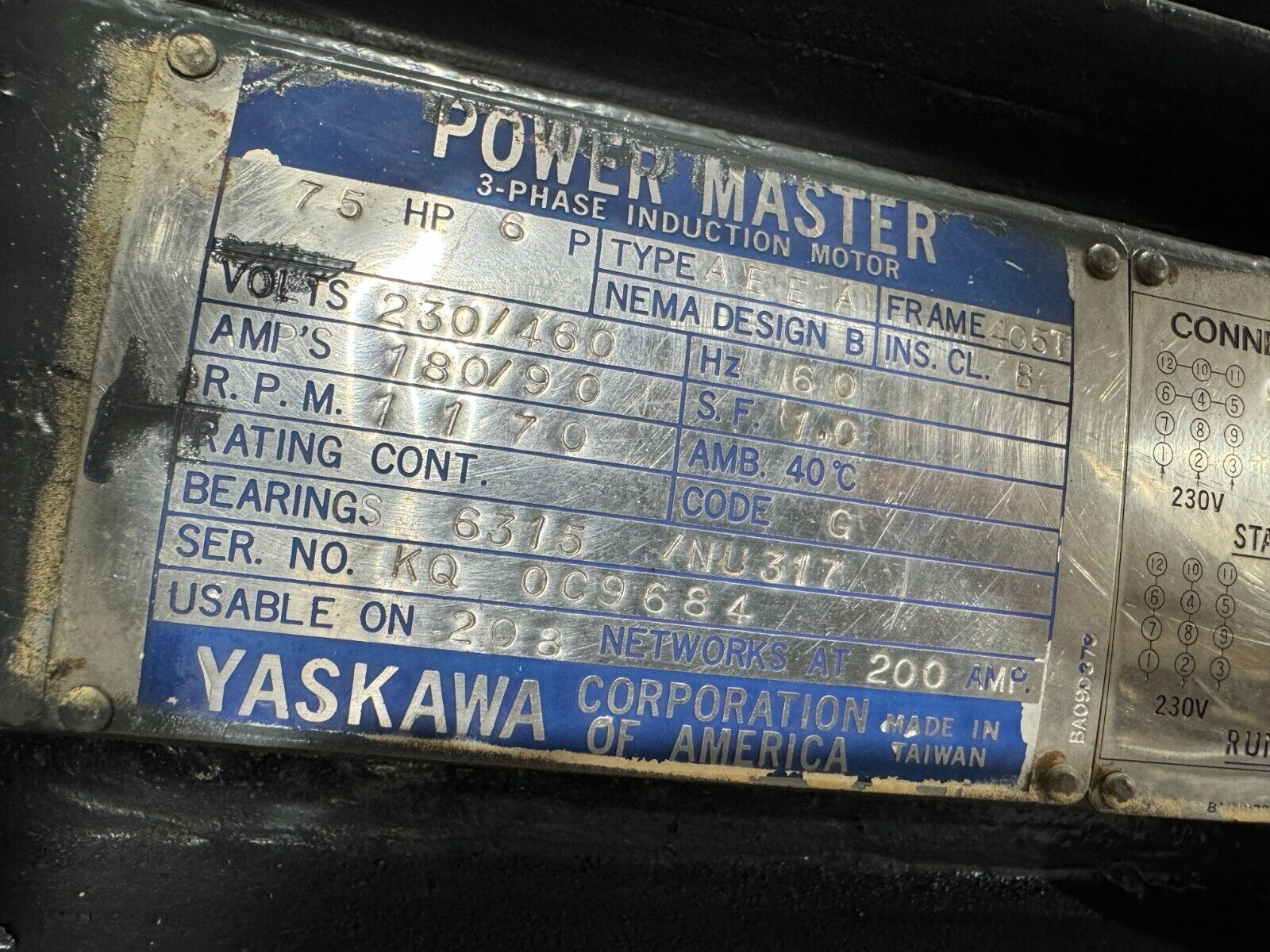 REBUILT YASKAWA 75HP POWER-MASTER 1170 RPM INDUCTION MOTOR 405T FRAME 230/460V.