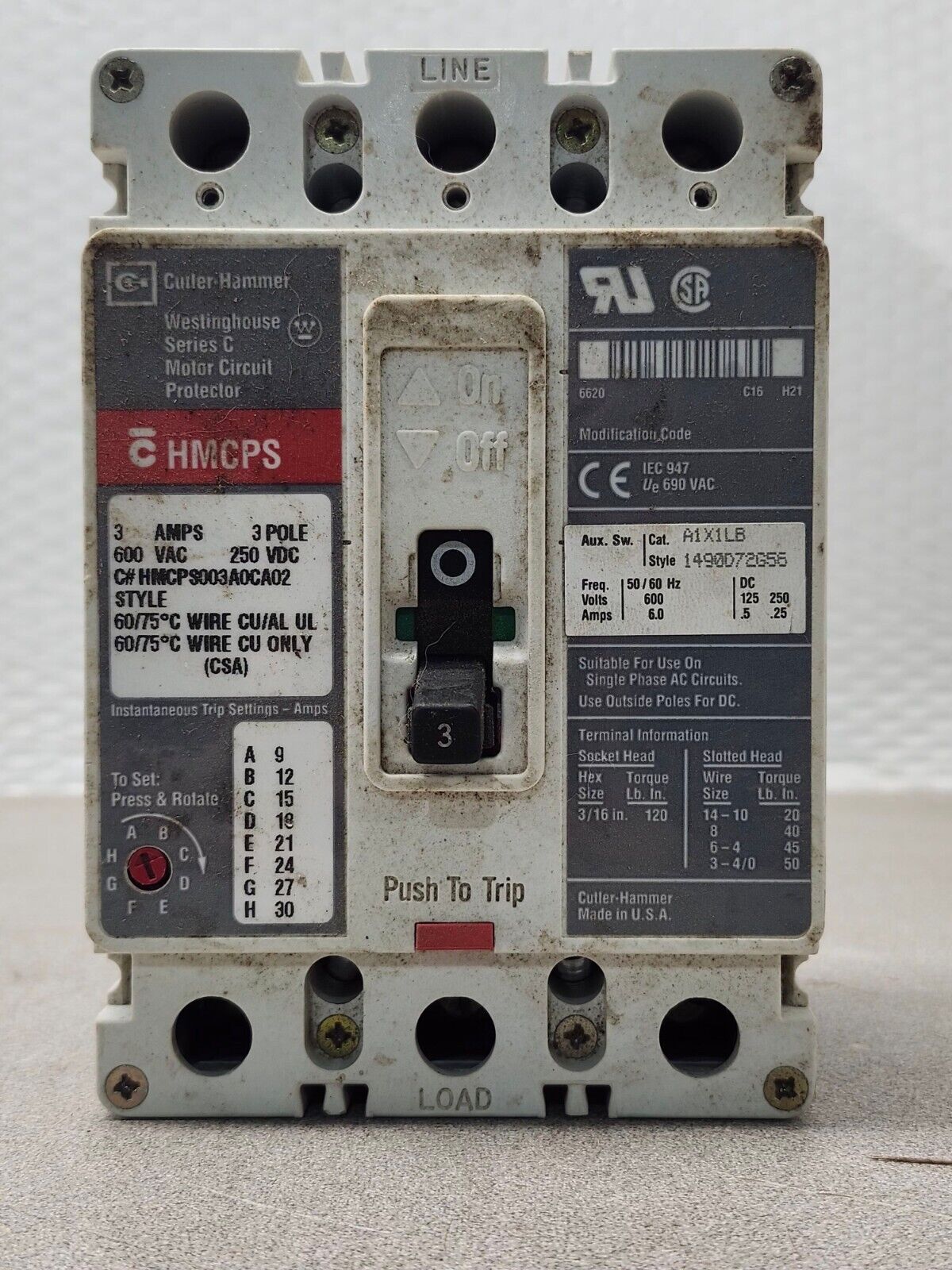 USED WESTINGHOUSE CIRCUIT BREAKER A1X1LB 3 AMP 3 POLE