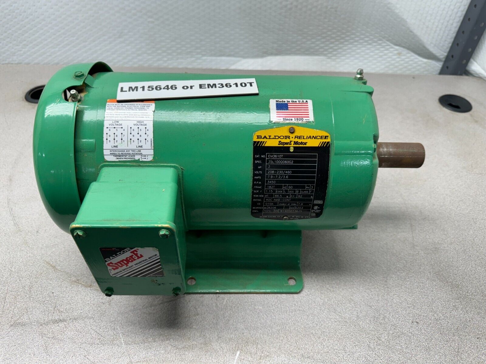 NEW SURPLUS BALDOR SUPER-E MOTOR 3HP 3450RPM 208-230/460V. 182T FRAME EM3610T