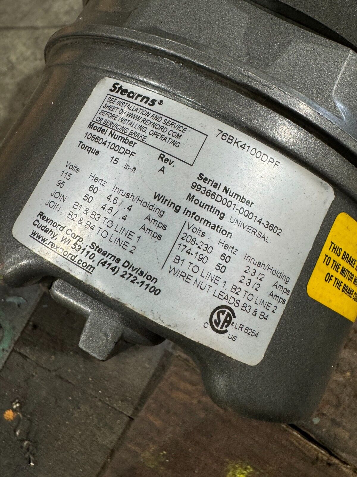 USED BALDOR 3HP 230/460V. 1725RPM BRAKE MOTOR BM3611T STEARNS 105604100DPF