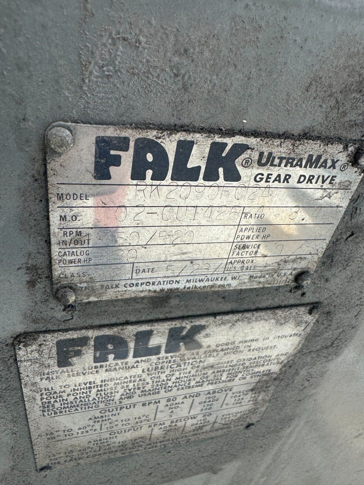 USED FALK ULTRAMAX GEAR DRIVE SPEED REDUCER 3.428 RATIO RK2090FC2A