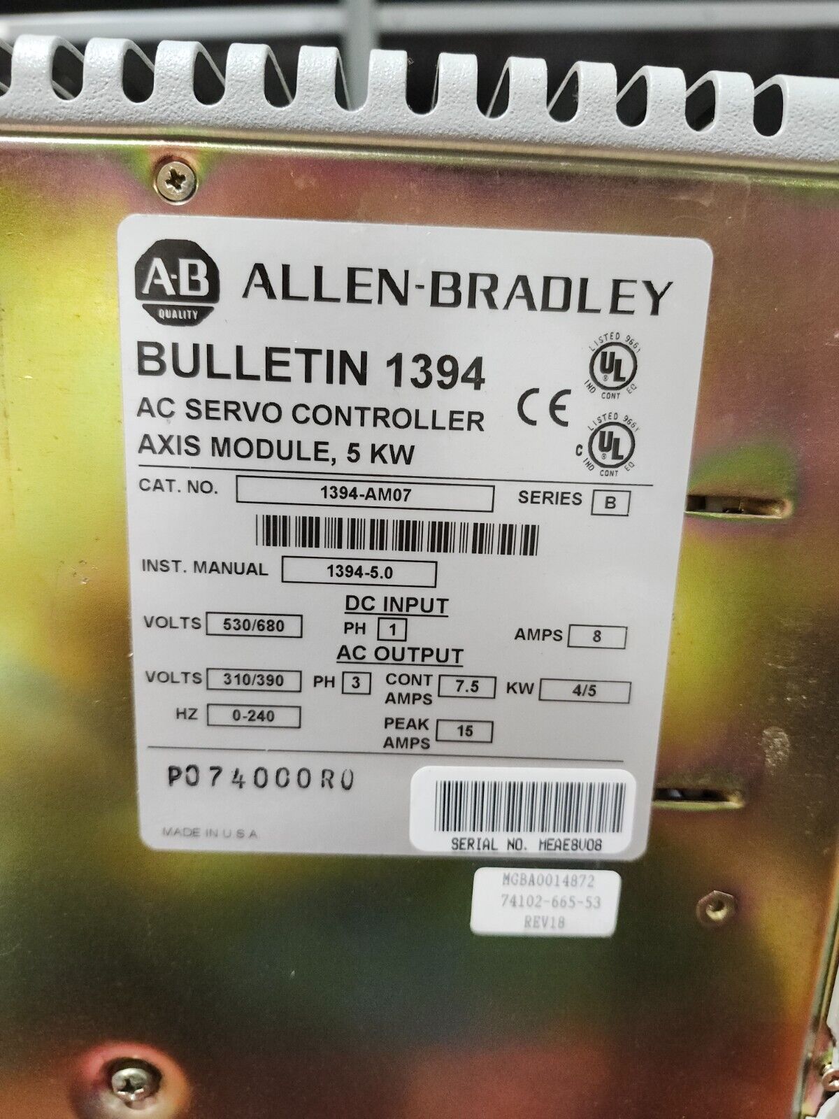 USED ALLEN BRADLEY AC SERVO CONTROLLER AXIS MODULE 1394-AM07