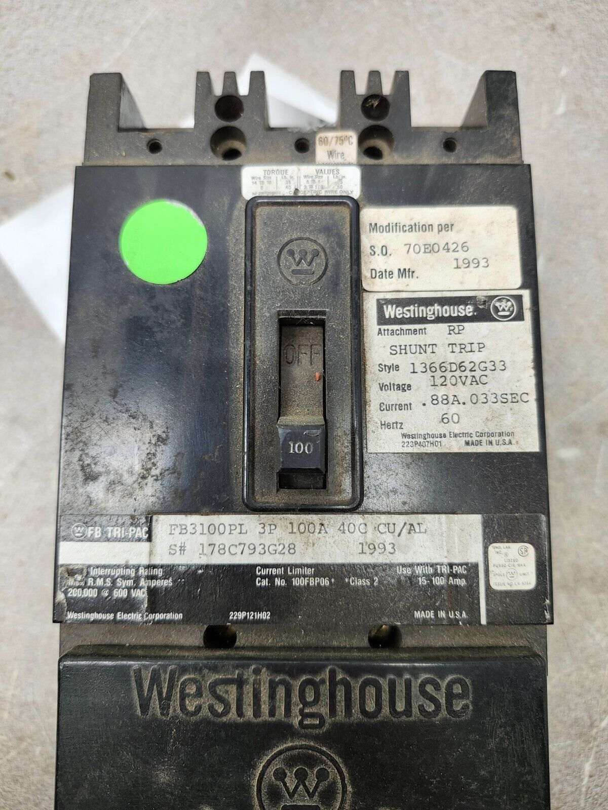 USED Westinghouse Circuit Breaker, 100 amp, 3 poles, 600VAC FB3100PL