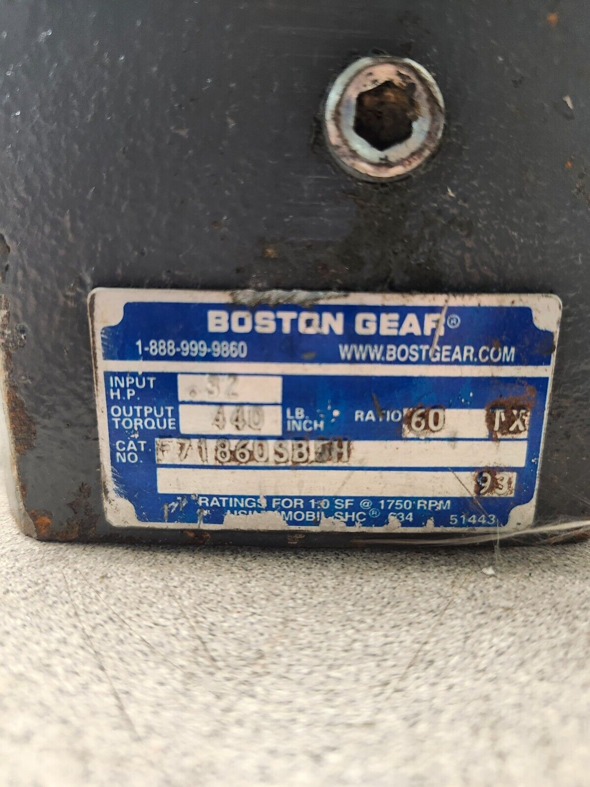 USED BOSTON GEAR REDUCER 60:1RATIO .290HP F71860SB5H