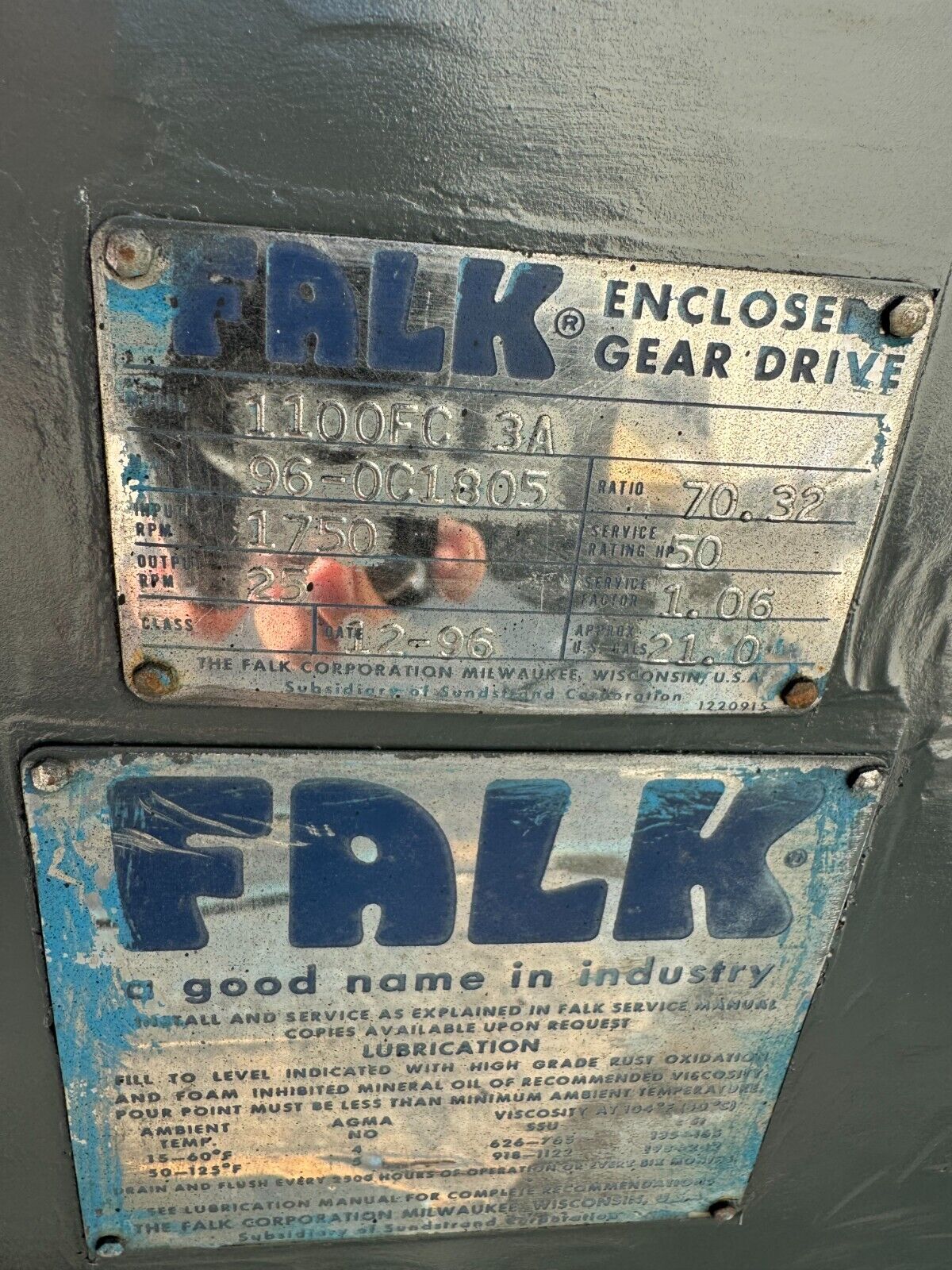 USED FALK ENCLOSED GEAR DRIVE SPEED REDUCER 70.32 RATIO 1100FC3A