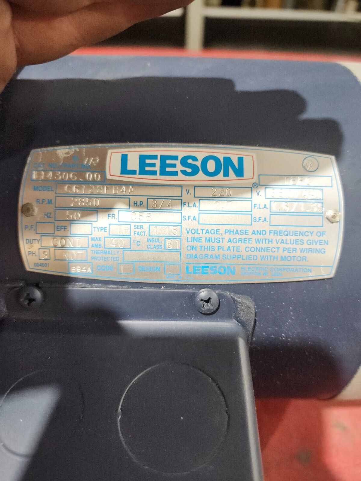 NEW IN BOX Leeson Motors, HP 3/4, 3PASE, 50HZ, 220/380-440V, 114306.00