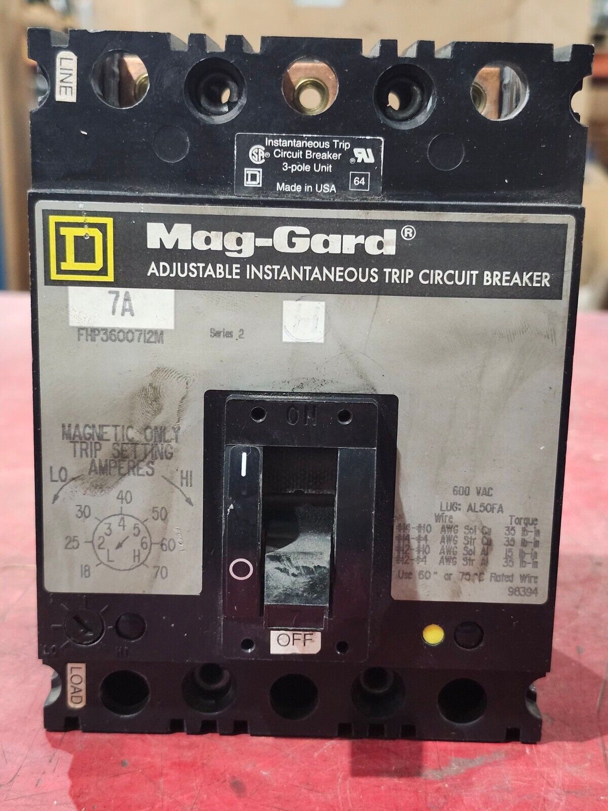 USED SQUARE D MAG-GARD 3 POLE 7AMP CIRCUIT BREAKER FHP3600712M