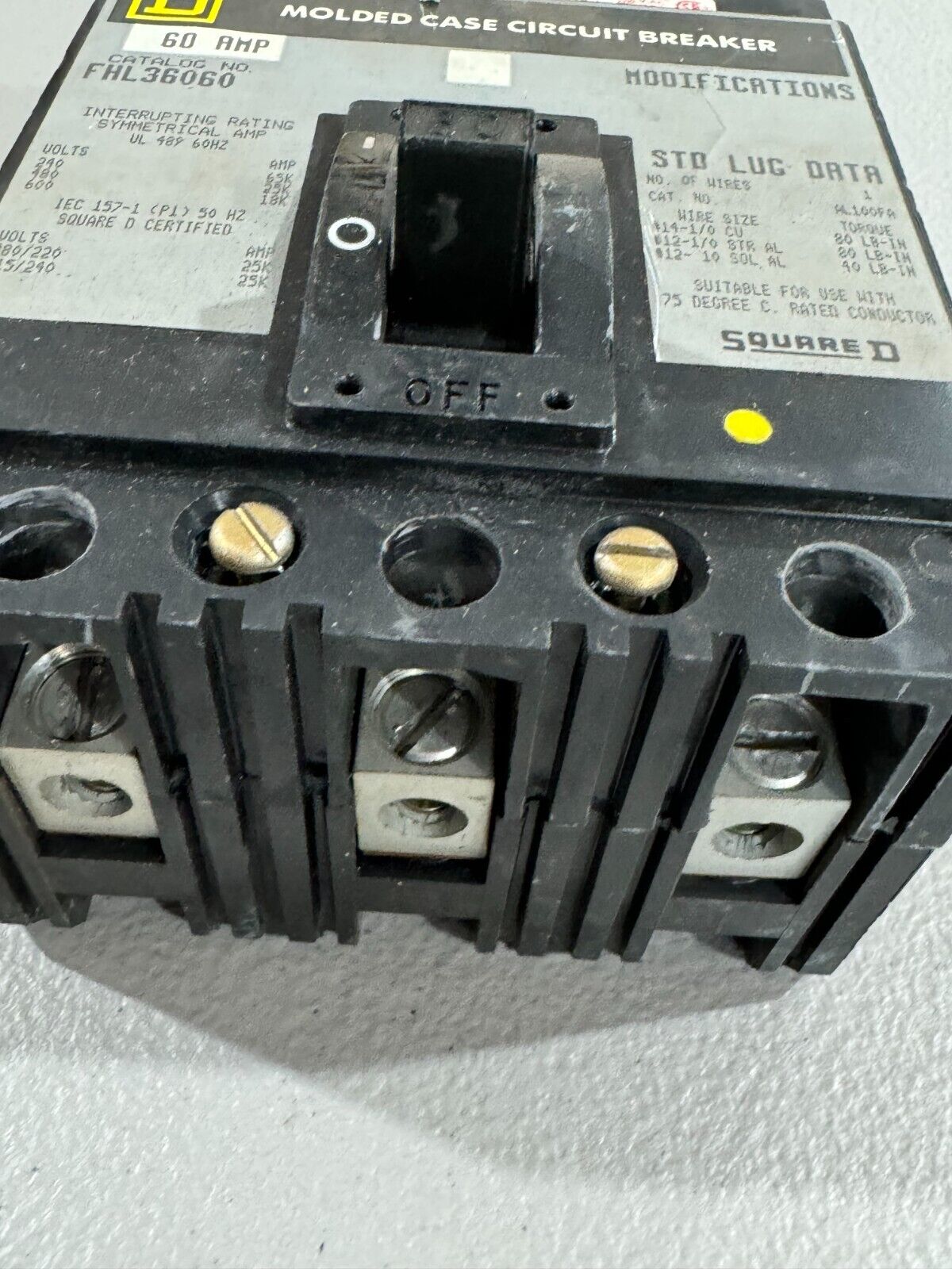 USED SQUARE D 3 POLE 60AMP CIRCUIT BREAKER FHL36060