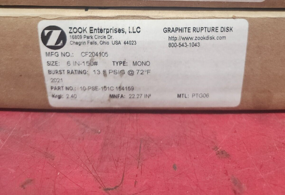 NEW IN BOX ZOOK GRAPHITE RUPTURE DISK CF204105 10-PSE-101C 154159 6 IN-150#