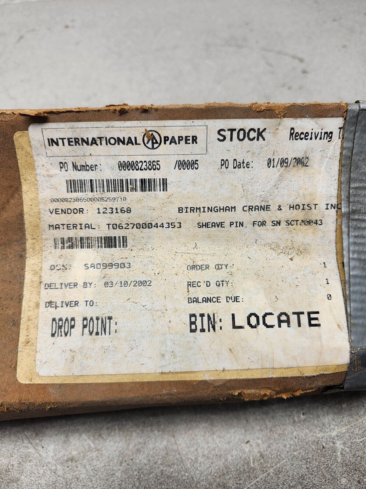 NEW IN BOX INTERNATIONAL PAPER SHEAVE PIN FOR SN SCT 00043