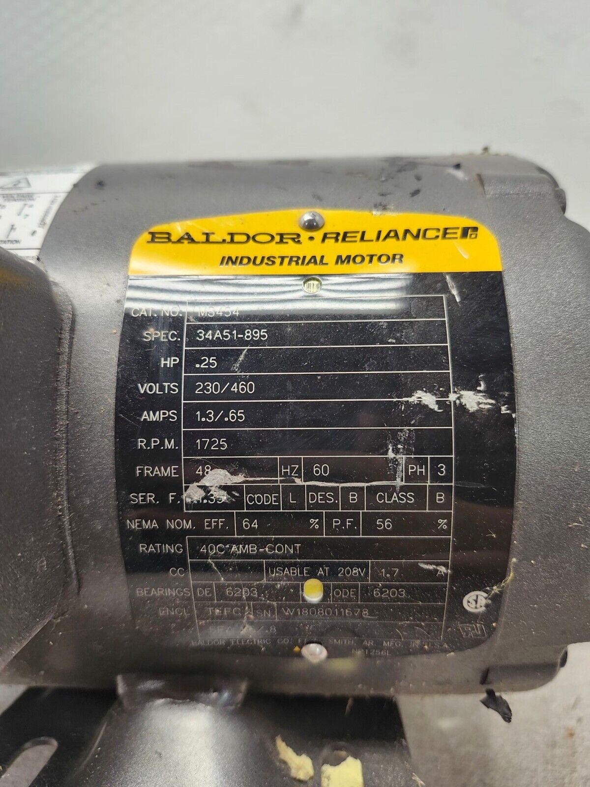 USED Baldor Reliance industrial Motor 1/4 Hp 230/460V M3454