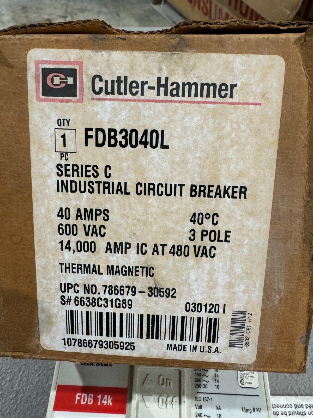 NEW IN BOX CUTLER-HAMMER 3 POLE 40AMP CIRCUIT BREAKER FDB3040L