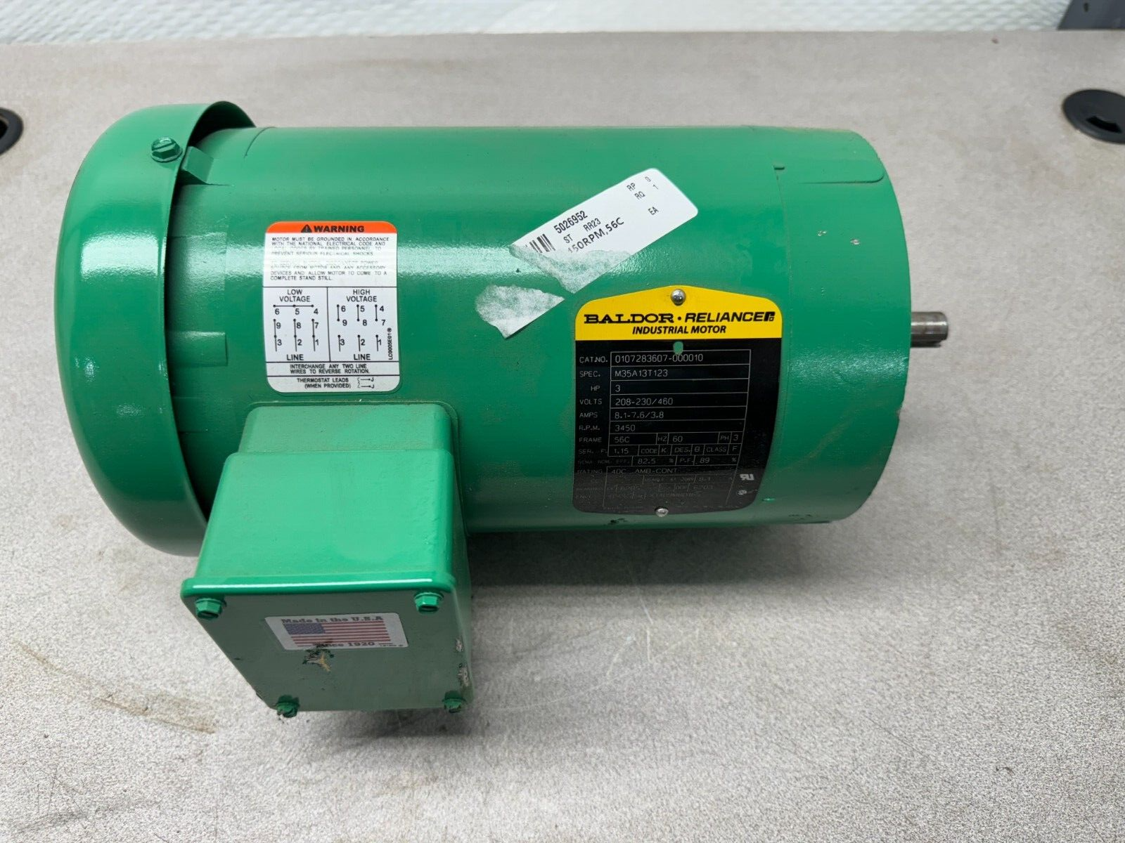 NEW SURPLUS BALDOR 3HP 3450RPM MOTOR 208-230/460V. 56C FRAME M35A13T123