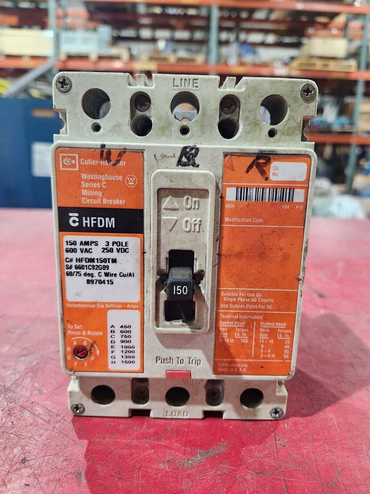 USED CUTLER-HAMMER 3 POLE 150AMP MINING CIRCUIT BREAKER HFDM150TM