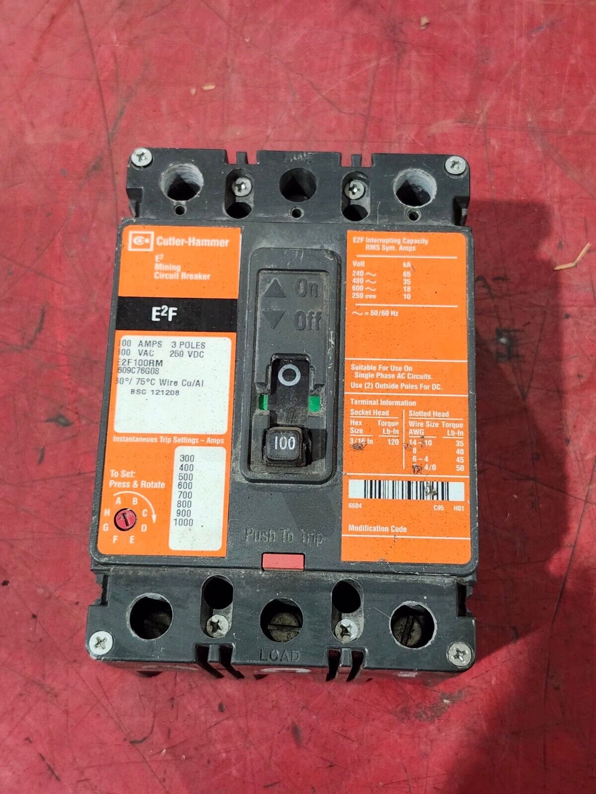 USED CUTLER-HAMMER 3 POLE 100AMP MINING CIRCUIT BREAKER E2F100RM