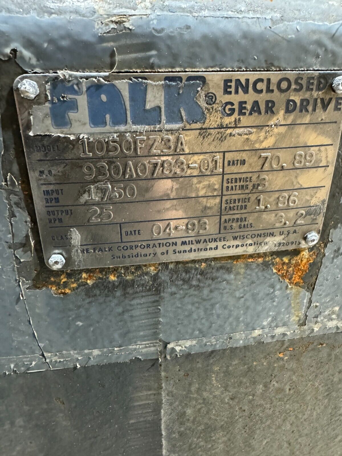 USED FALK ENCLOSED GEAR DRIVE SPEED REDUCER 70.89 RATIO 1050FZ3A