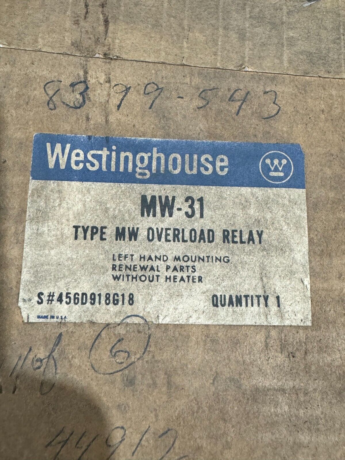 NEW IN BOX WESTINGHOUSE OVERLOAD RELAY MW-31