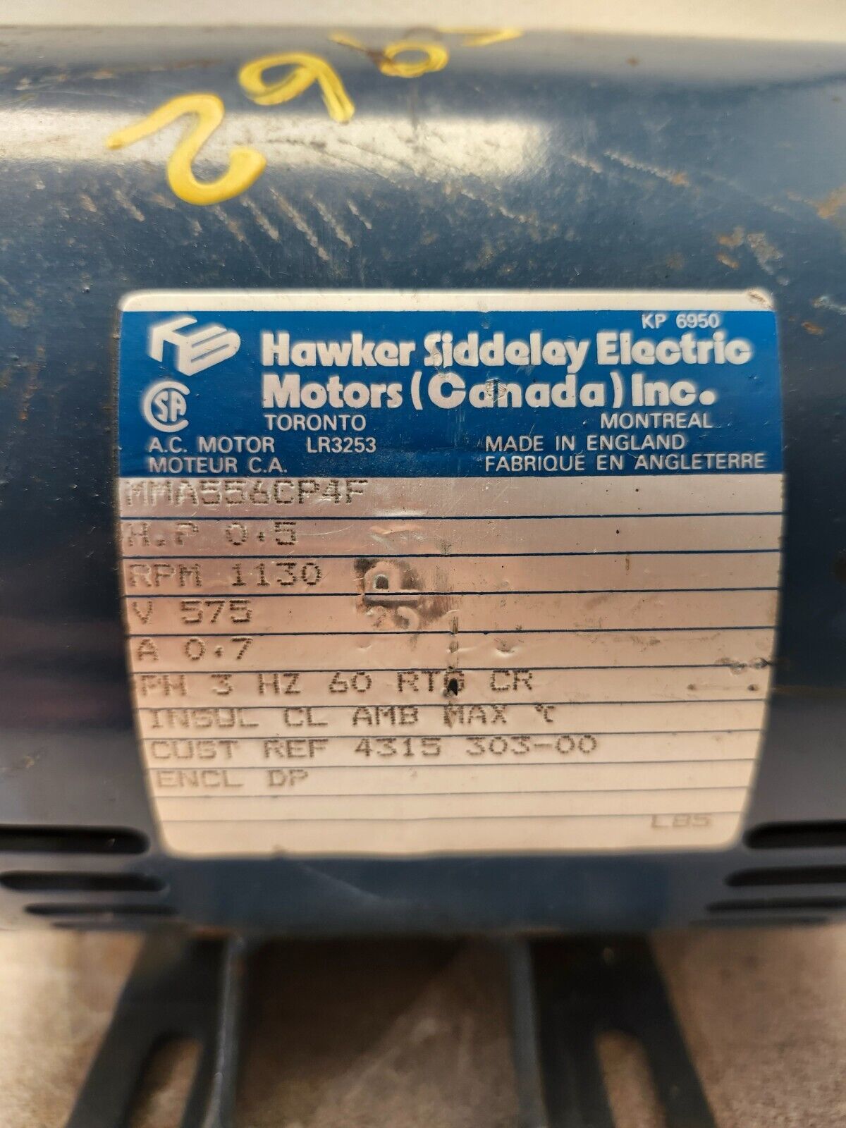 USED Hawker Siddeley Electric Motor 3PH, 60HZ, 0.5HP, 575V, MMA556CP4F