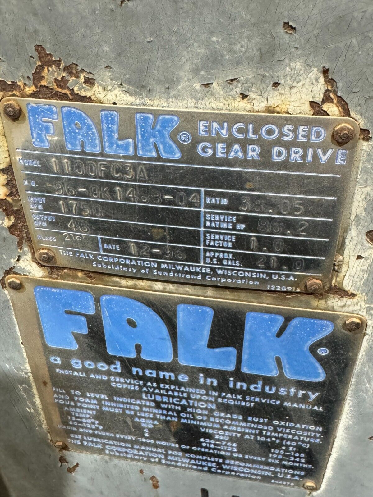 USED FALK ENCLOSED GEAR DRIVE SPPED REDUCER 38.05 RATIO 1100FC3A