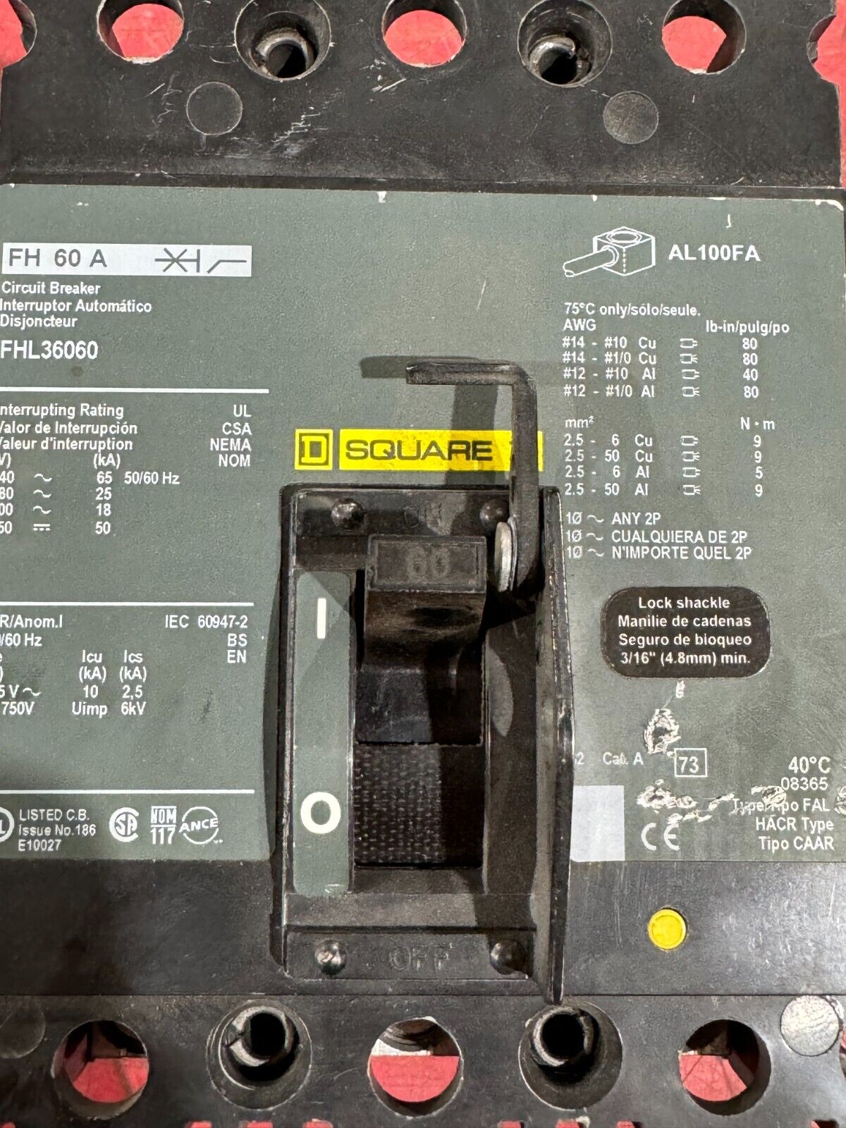 USED SQUARE D 3 POLE 60AMP CIRCUIT BREAKER FHL36060