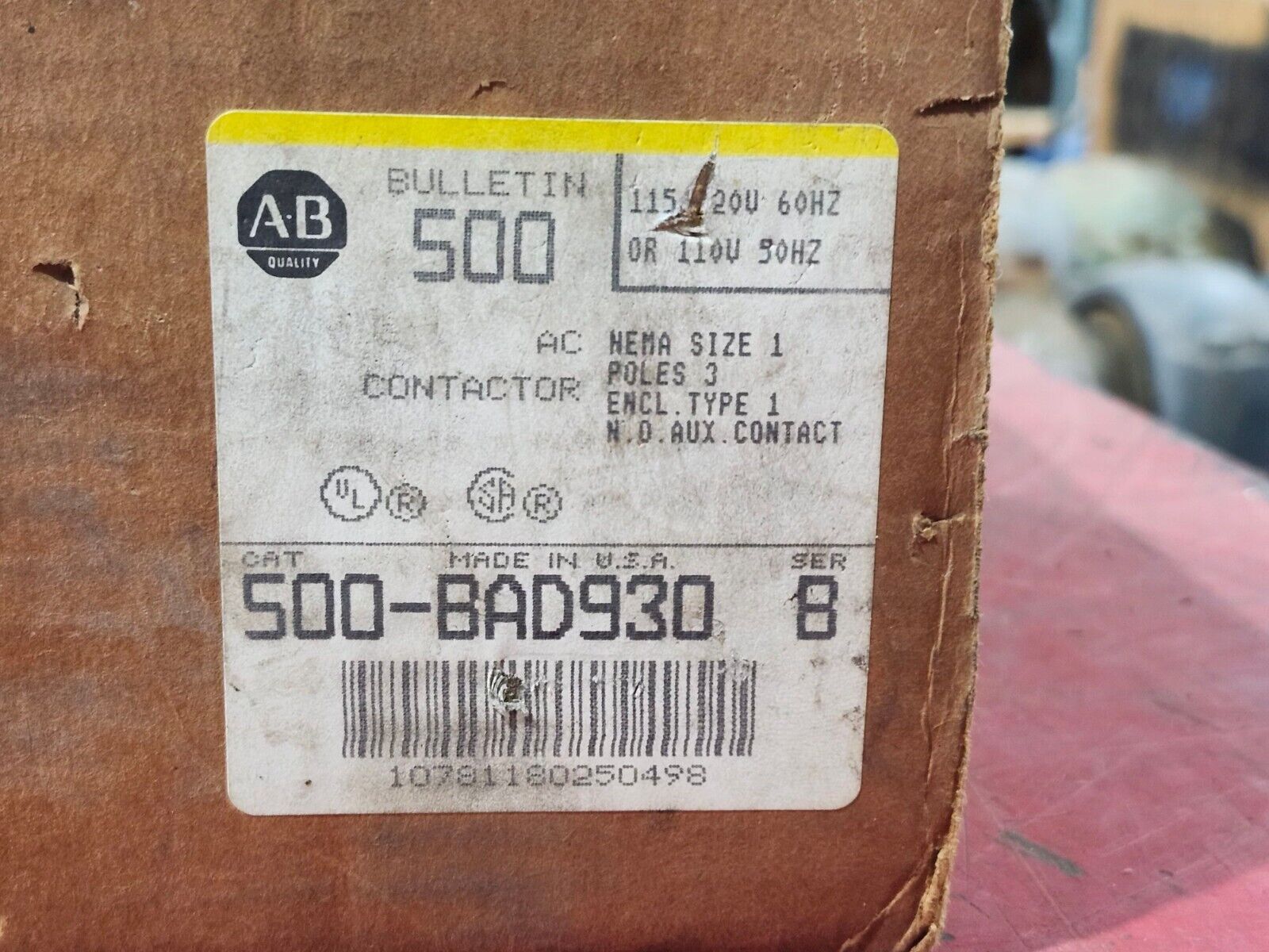 NEW IN BOX ALLEN-BRADLEY SIZE 1 CONTACTOR IN ENCLOSURE 500-BAD930 SERIES B